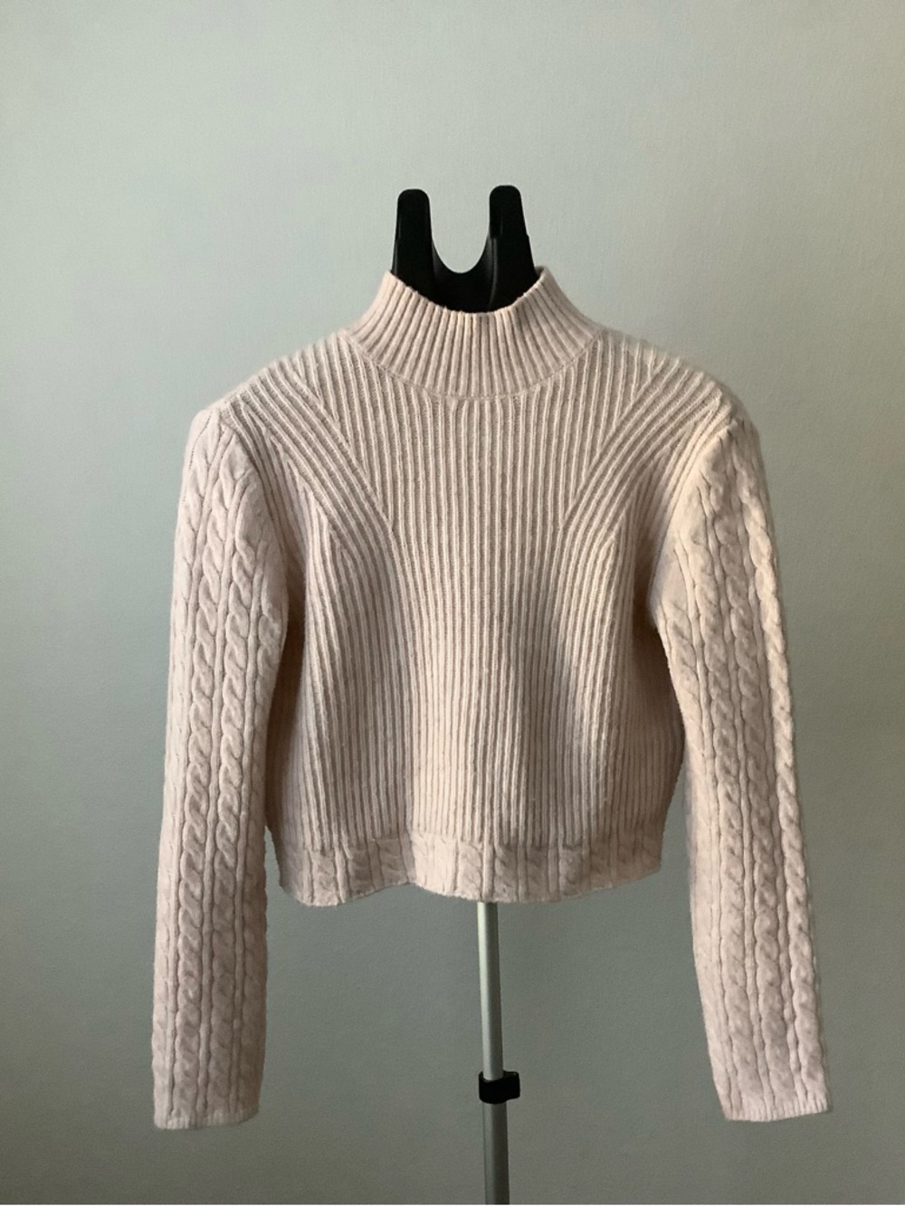 Mango Pale Pink Ribbed Mock Neck Cable-Sleeve Sweater Size M